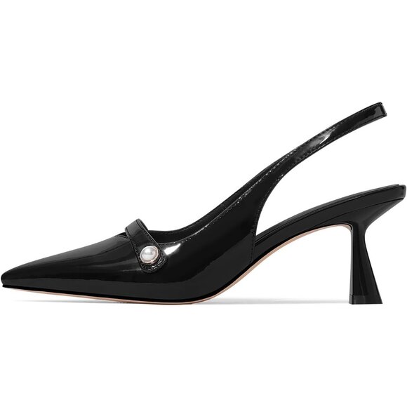 Women's Black Kitten Heels Slingback Pointed Toe Low Heel Pumps Dress Shoes - Picture 7 of 7